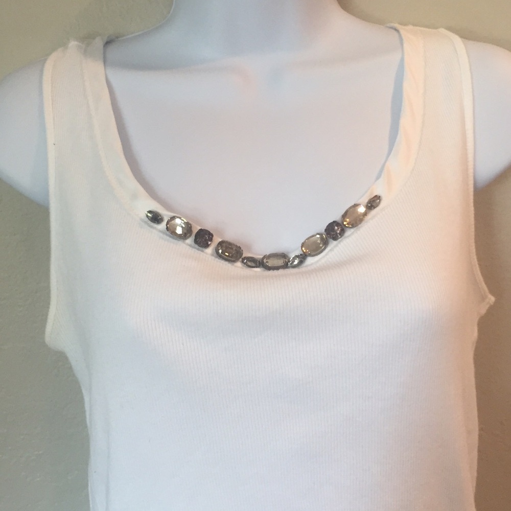 LOFT White Satin Trim Gem Neckline Tank Top